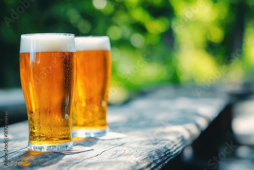 Two glasses of refreshing beer sit on a rustic wooden table, surrounded by a vibrant green background, ideal for summer enjoyment.