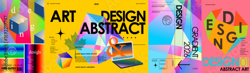 Design. Abstract collage. Vector modern illustration of geometric shapes, objects, crystal, gradient, 3d isometric, typography, layout, notebook for poster, banner, background or cover