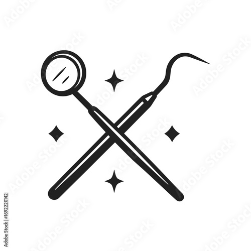 Dentist tools vector silhouette illustration with mirror and probe isolated on white background, perfect for medical, health and dental care concepts