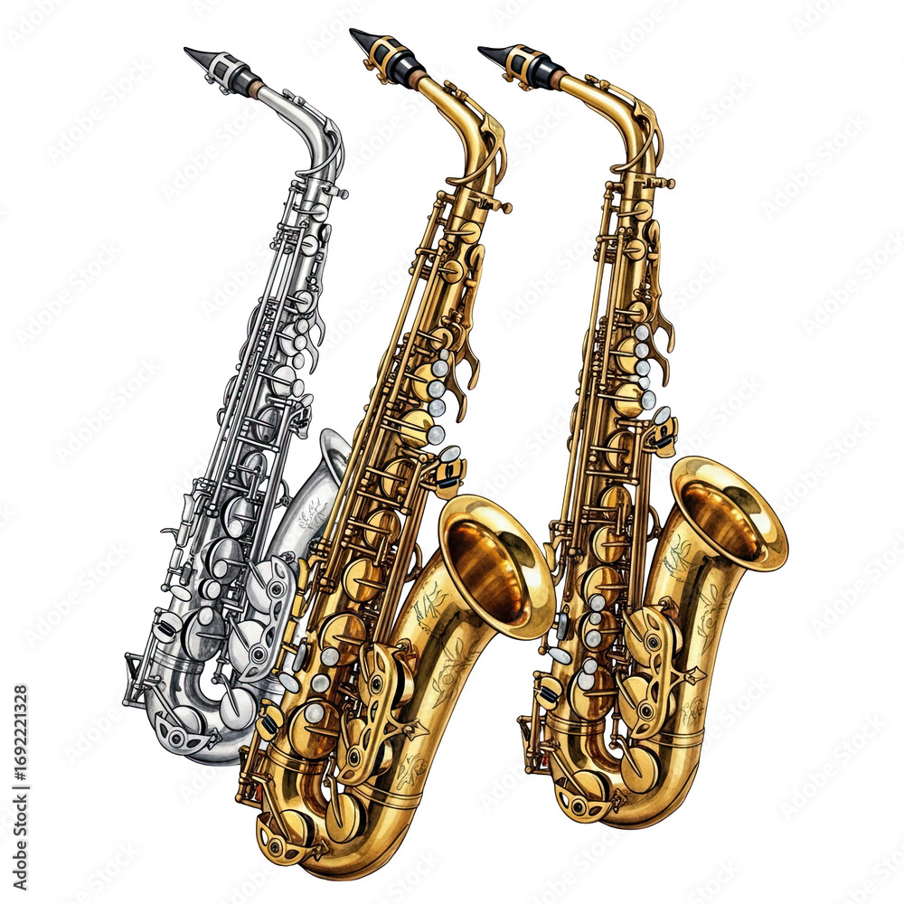 Naklejka premium Three gleaming musical instruments a silver and two golden saxophones isolated on transparent background