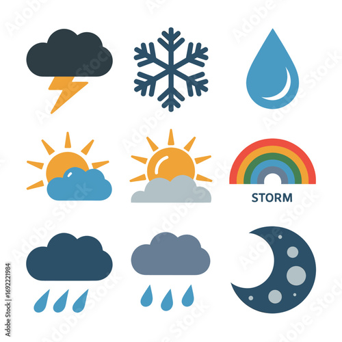 A collection of nine colorful flat design weather icons representing various forecast conditions.
