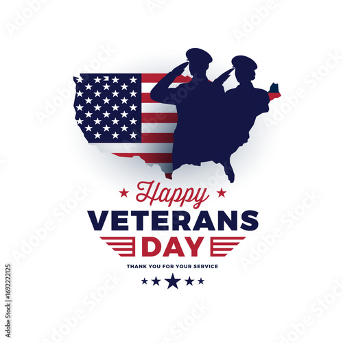 Happy Veterans Day graphic with saluting officers man and woman, USA flag and map, typography Thank you for your service - isolated on white background vector