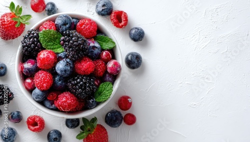 Assorted berries in a white bowl on a white surface. Fresh, colorful mix of blueberries, raspberries, blackberries, strawberries, and red currants. Mint leaves scattered throughout