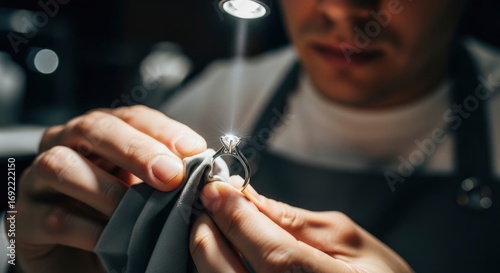 A skilled jeweler meticulously polishes a sparkling diamond engagement ring under a bright light, highlighting its exquisite brilliance and the intricate craftsmanship involved in fine jewelry making.