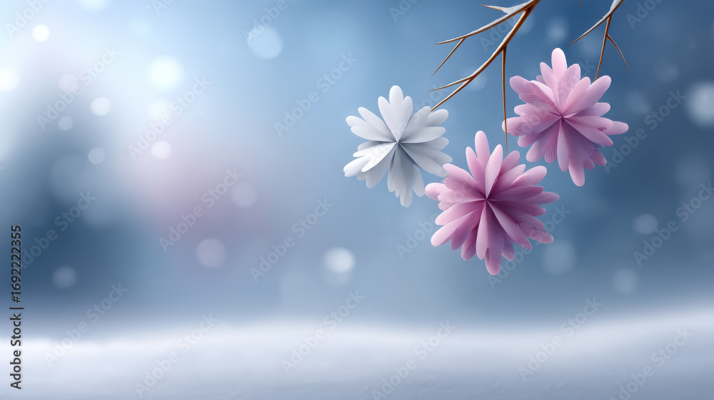 Naklejka premium Pastel pink white flower decoration hanging on branch with blurred christmas theme background in soft winter light