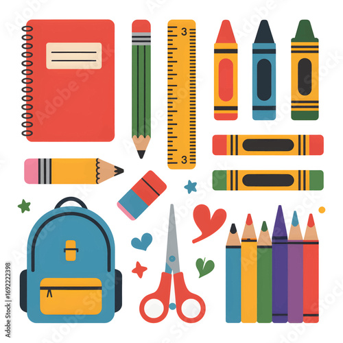 A colorful collection of school supplies including a backpack, notebook, pencils, crayons, and scissors, isolated on a white background.