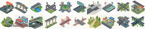 Isometric Detailed Road Highway Element Set For Urban City Design