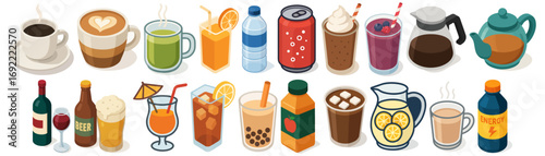 Isometric Pixelated Refreshing Beverage Icon Set for Game and App Design