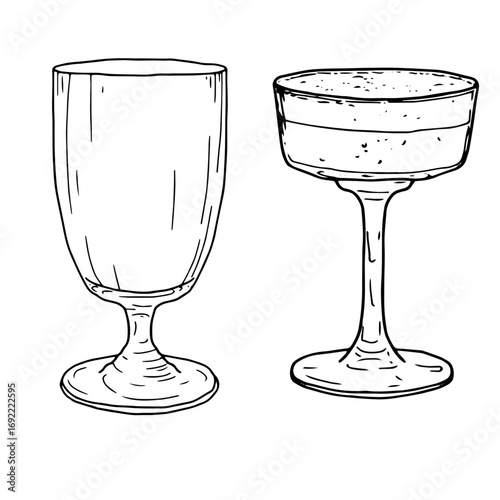 Elegant cocktail, martini or liqueur glasses, black and white sketch. Vector illustration. A set of dishes for a bar or a nightclub, isolated on a white background. for menus, recipes, packaging