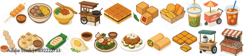 Isometric Tasty Indonesian Culinary Street Food Cart and Stalls Illustration