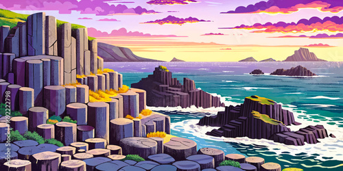 Mysterious basalt columns near ocean in Ireland, dramatic coastal wonder, unique natural formation