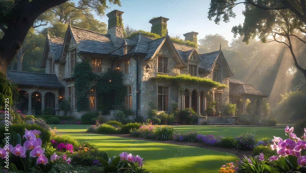 Fototapeta premium Orchid Dawn Manor - Classic Houses in the wilderness blending timeless design with vibrant morning light and forest surroundings, creating a peaceful sanctuary that celebrates nature’s beauty