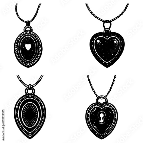 Illustration of four pendants with chains featuring heart and oval shapes in a vintage style design
