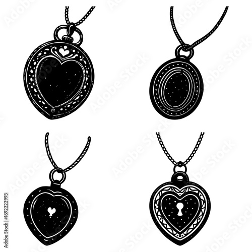 Illustration of four different necklaces with locket pendants in a black and white drawing style
