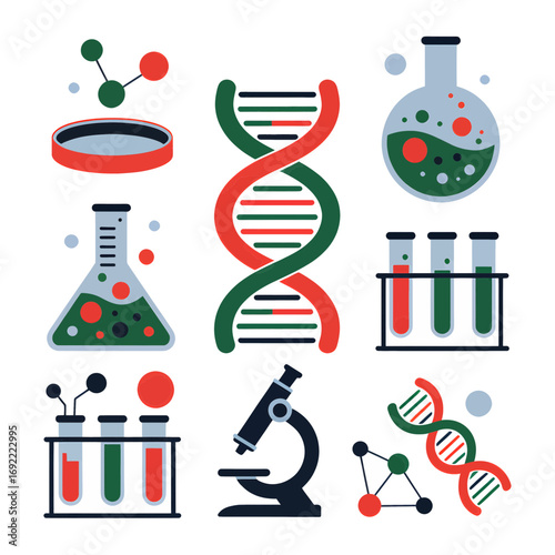 A collection of scientific icons representing biology, chemistry, and genetics, including a DNA helix, microscope, and laboratory glassware.