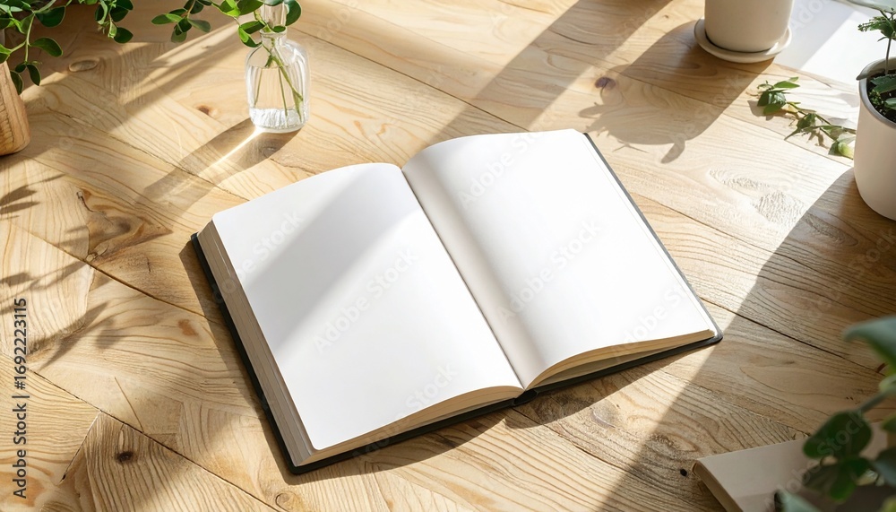 Fototapeta premium Bright sunlit blank notebook open on a wooden floor, surrounded by green plants, creating a peaceful space for creativity, journaling, and thoughtful reflection