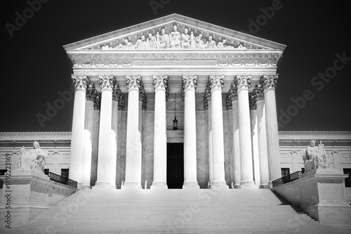 Facade of United States Supreme Court, black and white