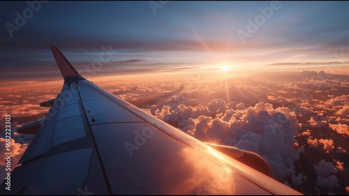 Airplane wing view from passenger seat with glowing sunset horizon, dreamy atmosphere