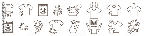Dryer, washing machine and dirty shirt linear icons isolated on transparent background. Lingerie care symbols. Self-service laundry, hand wash and laundry service outline icon set. Editable Stroke.