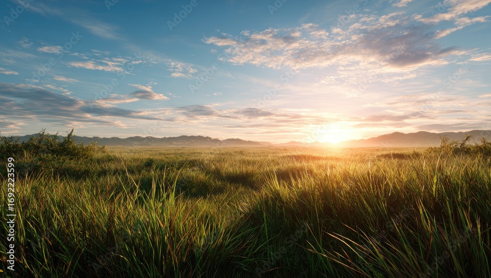 Fototapeta premium Lush grassy field bathed in golden sunset light, with a hazy mountain backdrop
