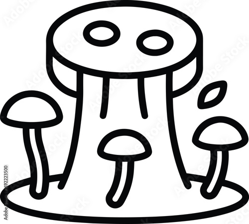 Tree stump with mushrooms drawn in thick bold black outline natural element Vector illustration