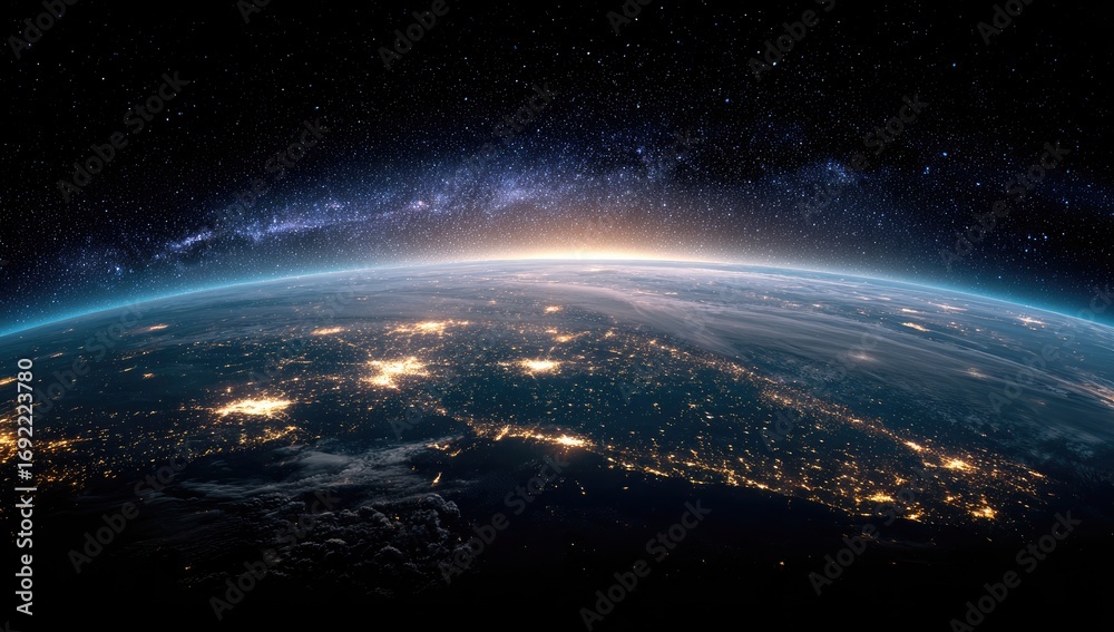 Fototapeta premium Earth at dawn, seen from space. Vast expanse of night sky with the Milky Way arching across. Earth's illuminated cities and continents, a bright ring of light against the darkness