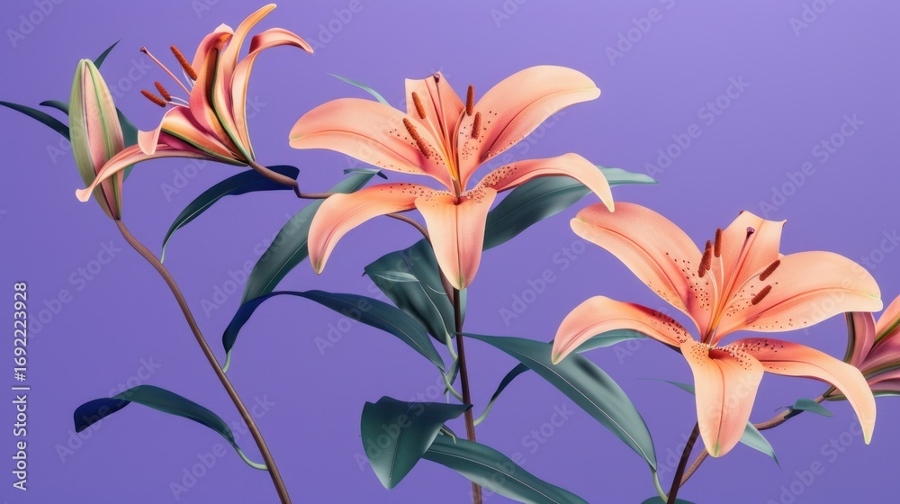 Fototapeta premium Pink Lilies with Green Leaves on Purple Background for Floral Design