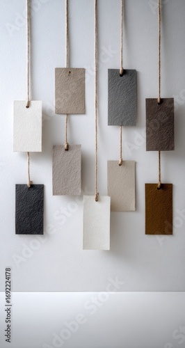 Color swatches hang from ropes on a white wall