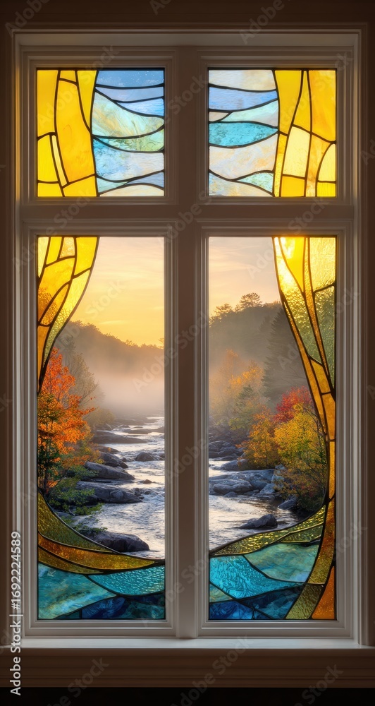 Fototapeta premium Stained glass window depicting a serene autumnal river view