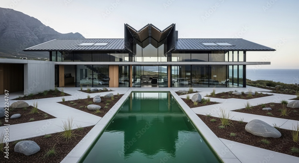 Obraz premium Expansive modern residence featuring a retractable folding roof, expansive paneled windows, set against a majestic mountain