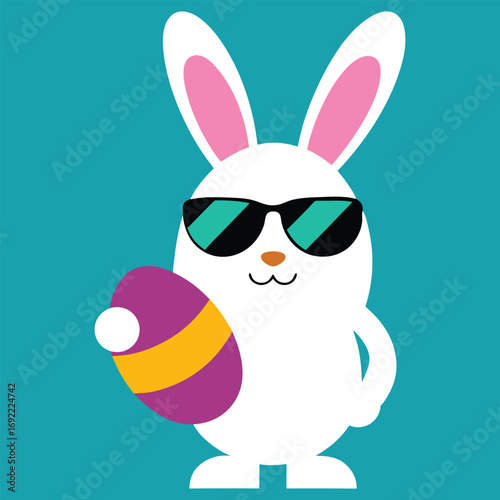 Bunny wearing sunglasses with Easter egg drawn in clean outline Vector illustration