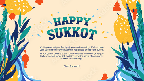 A happy and colorful Sukkot greeting card or banner featuring the Four Species. A cheerful vector illustration