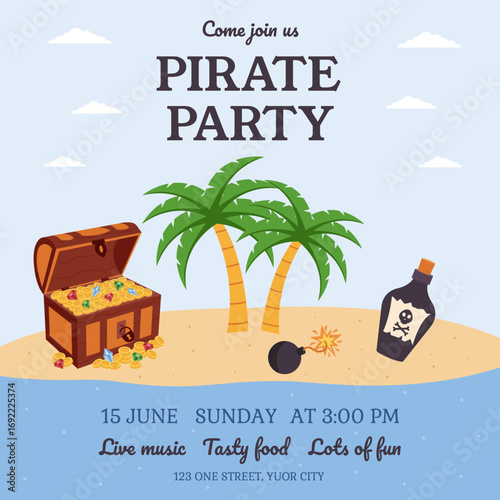 Pirate invitation. Birthday party invitation with pirate elements. Greeting card, postcard, poster.
