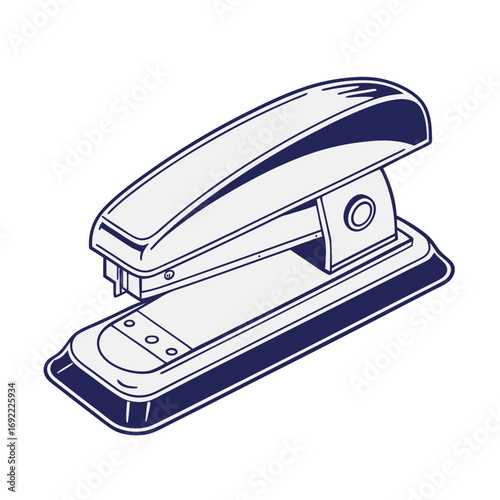 isometric, detailed, high quality, 3d render, office desk stapler, minimalist, navy blue, metallic, retro, vintage, mechanical, office supplies
