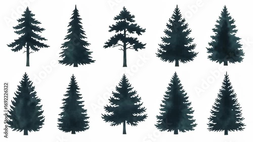 Nine dark silhouettes of pine or fir trees against a white background