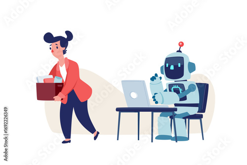 Businesswoman leaving her desk with a box of belongings replaced by a robot working at the computer