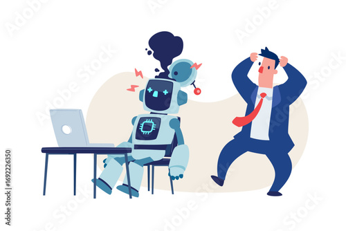broken robot at office desk with panicked businessman behind