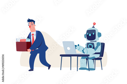 Businessman leaving his desk with a box of belongings replaced by a robot working at the computer