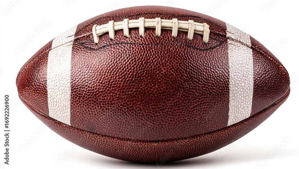 Fototapeta premium Close-up of a brown American football, leather-like texture, white stripes