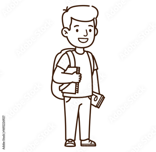 Outline illustration of a happy schoolboy holding books with a backpack on white background