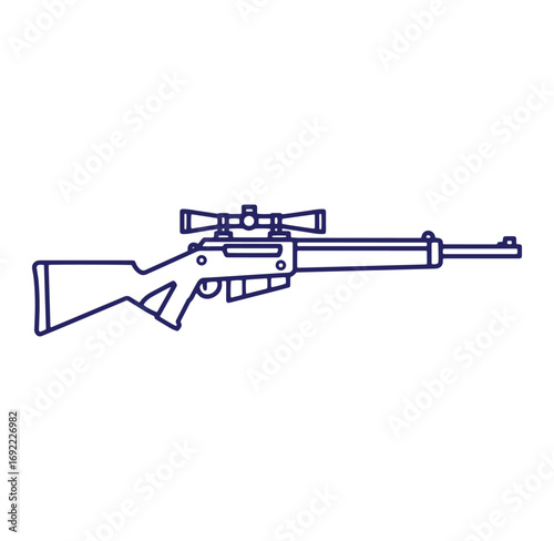 Outlined vector illustration of a high powered sniper rifle with attached scope on white background