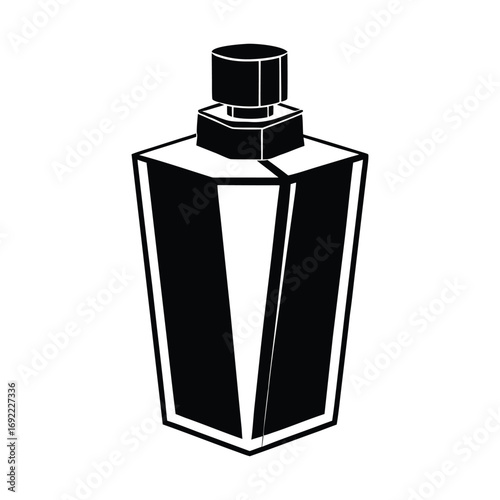 black and white, minimalist, perfume bottle, hexagonal shape, simple design, geometric, high contrast, illustration, vector graphic
