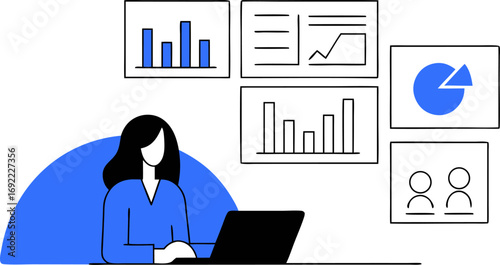 Female freelancer typing with charts floating ana vector illustration