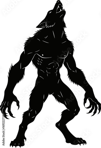 Black silhouette of a werewolf howling and standing tall, ideal for Halloween designs, horror themes, and spooky decorations.