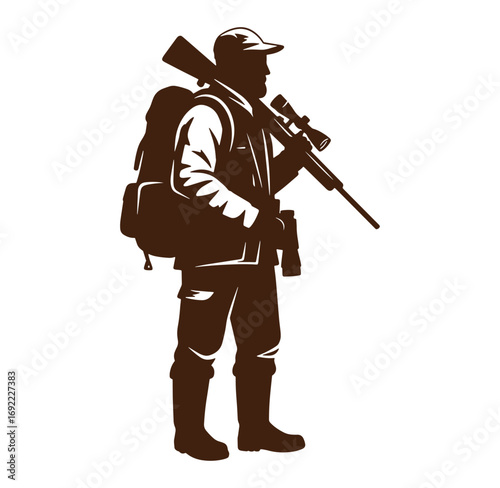 Silhouette of a hunter carrying a rifle and backpack ready for an outdoor adventure