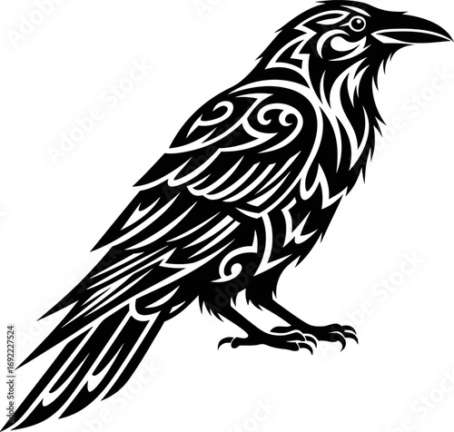 Artistic tribal raven illustration in bold black lines, ideal for tattoos, gothic designs, Halloween themes, and fantasy artwork.