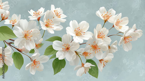 White flower branch with green leaf on soft blue background, delicate petals and warm light create peaceful mood