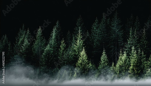 Fototapeta Naklejka Na Ścianę i Meble -  Misty forest at night. Dark silhouettes of evergreen trees line a foggy landscape