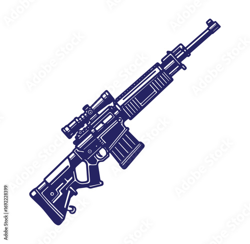 Vector illustration of a detailed modern assault rifle with a mounted telescopic sight