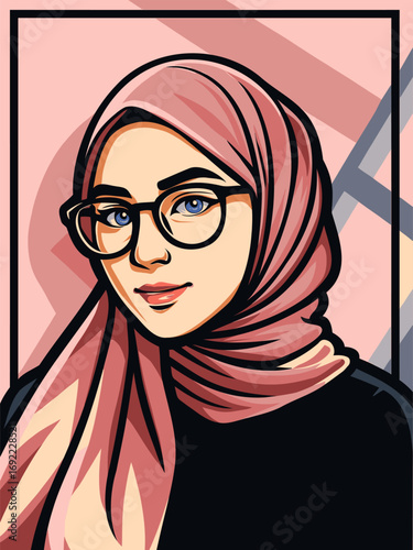 Vector Portrait of Woman in Hijab with Glasses – Modern Pop Art Style Illustration